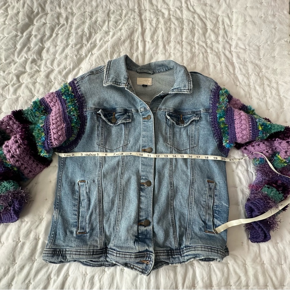 One of a Kind Upcycled  Denim Jacket with Hand Crocheted Sleeves - Picture 6 of 8